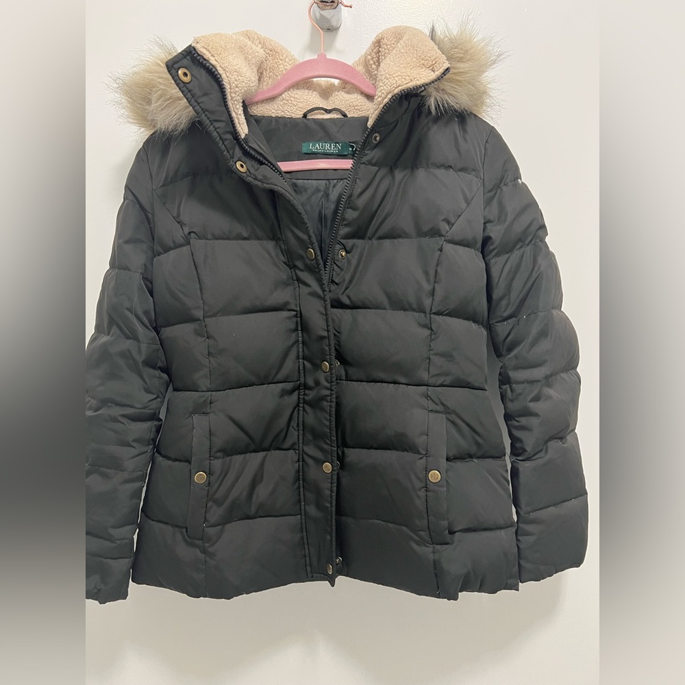 Lauren Ralph Lauren Womens Faux Fur Trim Hooded Down Puffer Coat Black